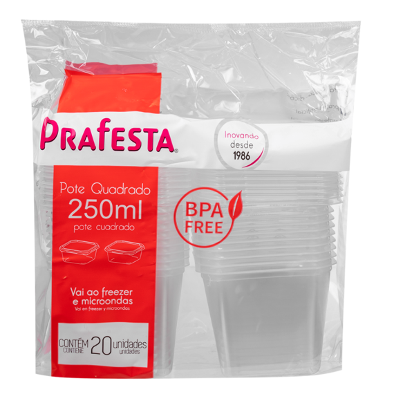 Pote Quadrado Com Tampa 250ml C/20 - Prafesta