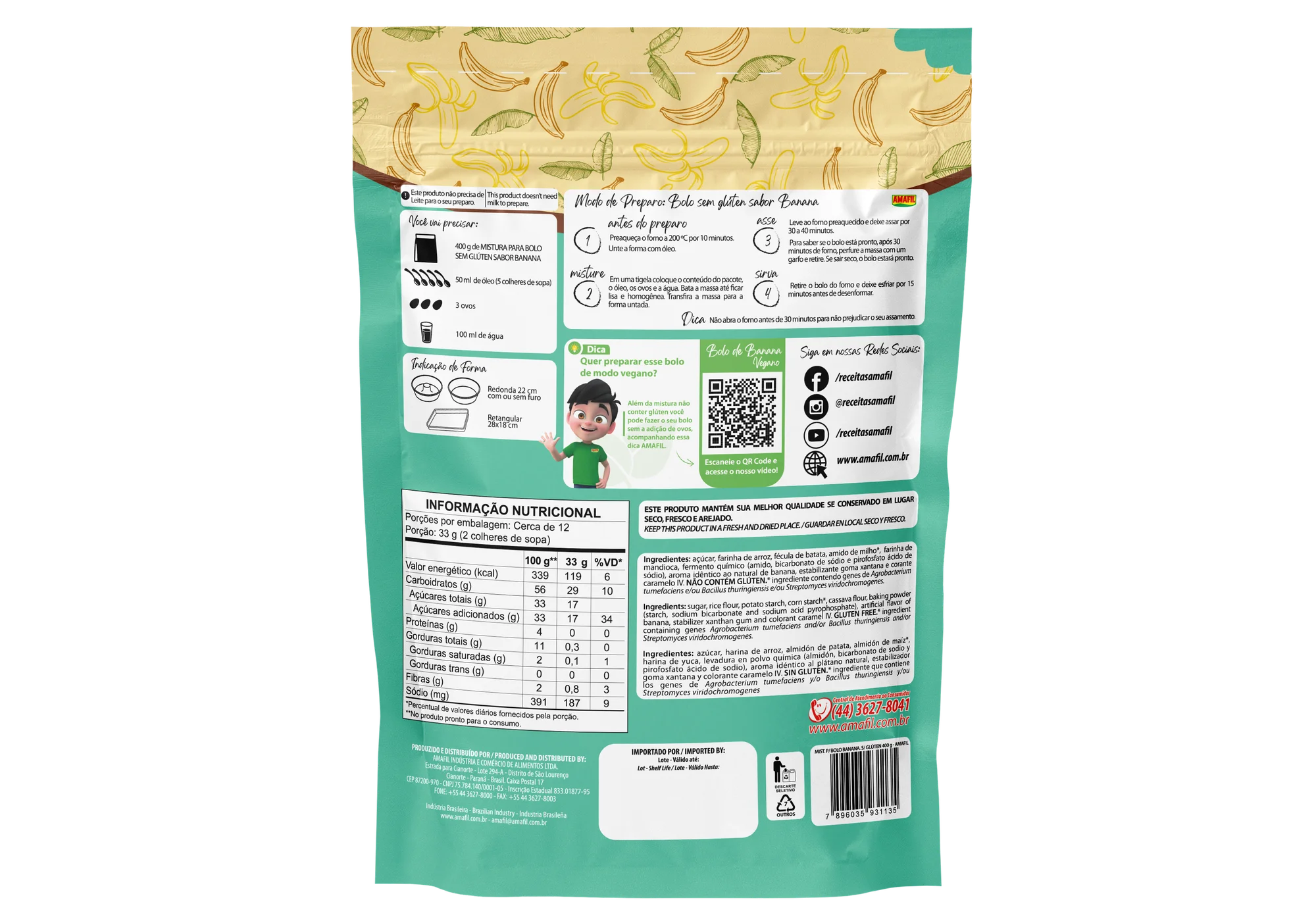 MISTURA BOLO AMAFIL BANANA SEM GLUTEN 400GR