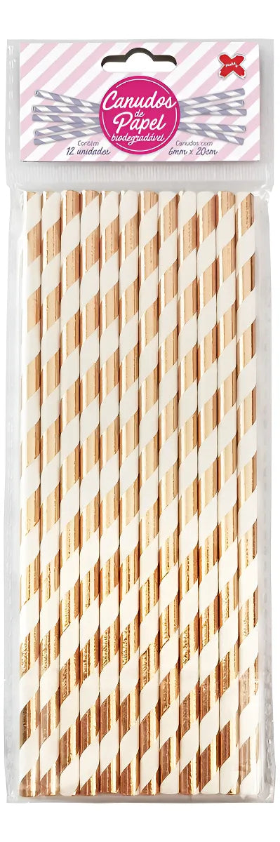 Canudo de Papel Metalizado Dourado/Branco C/12