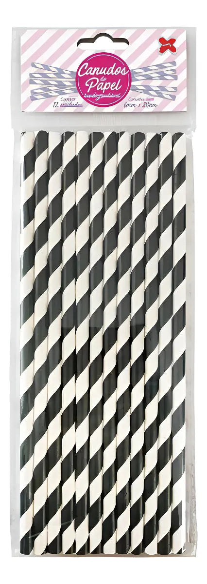 Canudo de Papel Preto/Branco C/12