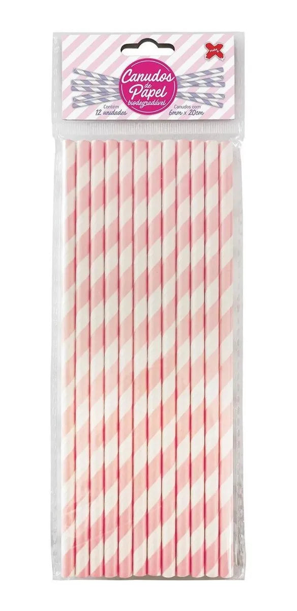 Canudo de Papel rosa/Branco C/12