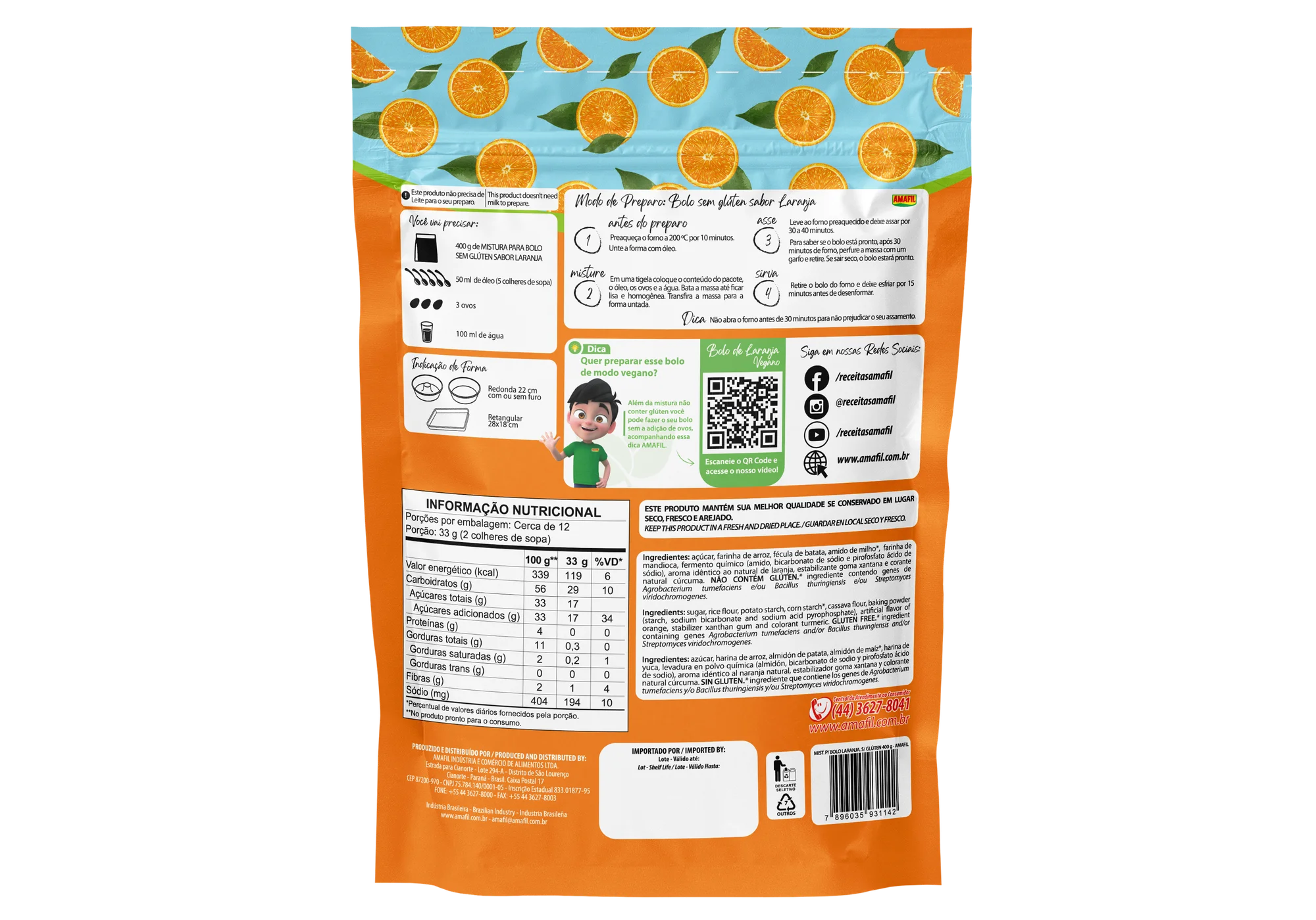 MISTURA BOLO AMAFIL LARANJA SEM GLUTEN 400GR