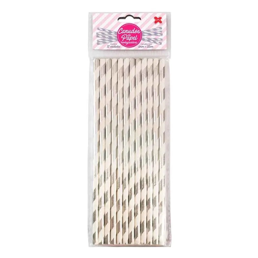 Canudo de Papel Metalizado Prata/Branco C/12