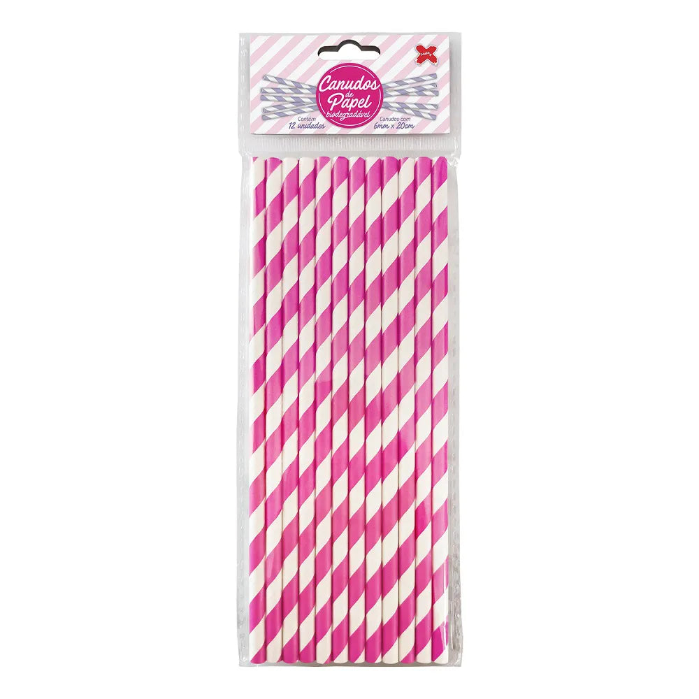 Canudo de Papel Pink/Branco C/12